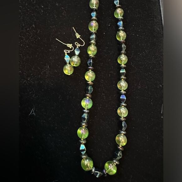 Handcrafted earrings and necklace set blue/yellow/green accents - Picture 2 of 9